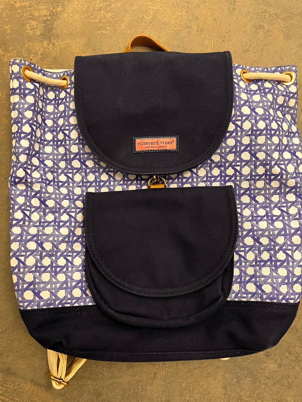Vineyard Vines Navy & White Patterned Canvas Drawstring Backpack
